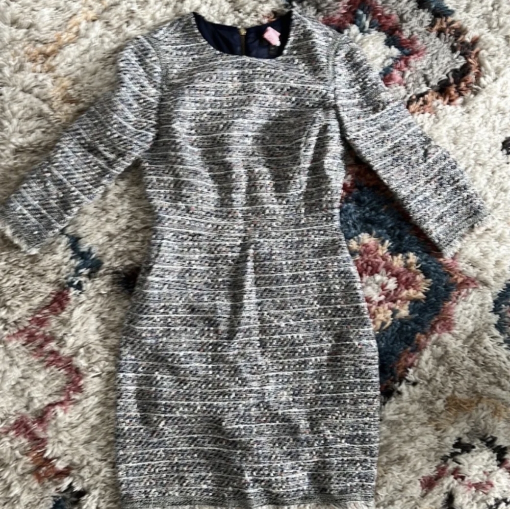 J Crew Womens Tweed A-Line Dress Gray Blue Size 0P Peplum Bottom 3/4 Sleeves